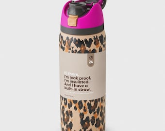 May include: A leopard print water bottle with a magenta and dark gray lid featuring a flip-top straw. The label reads: Hi there. I'm leak proof. I'm insulated. And I have a built-in straw. It also displays a 24-hour icon and 24 oz (710 mL) text.