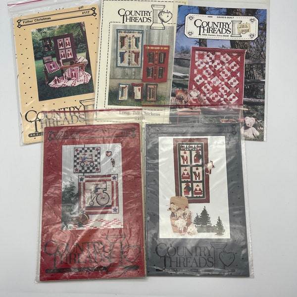Vintage 1980s & 1990s "Country Threads" Holiday and Primitive Farmhouse Quilt Patterns - Choose from 5 Designs - Santa - Patriotic - Farm