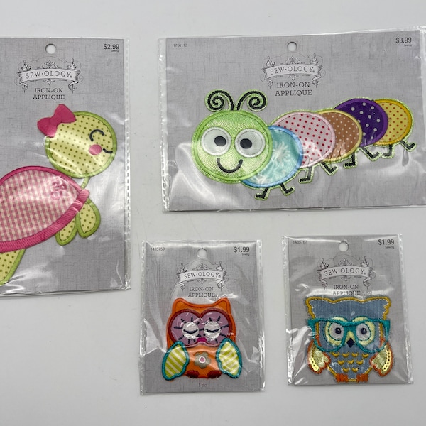 Your Choice - Sewology Brand Iron-On Applique Patches - Turtle - Caterpillar - Owl Designs