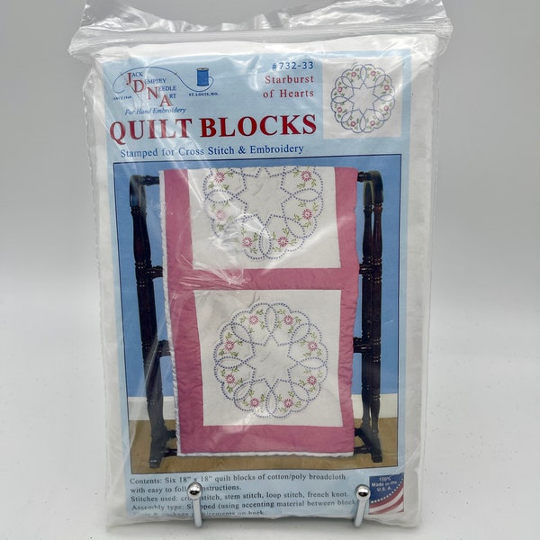 Vintage 1994 Jack Dempsey Needle Art "Starburst of Hearts" Quilt Blocks #732-33 - Vintage Stamped Cross Stitch & Embroidery Kit