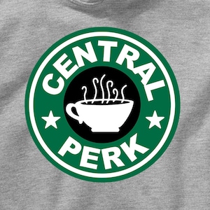 May include: A grey hoodie with a green circle logo that says "Central Perk" with a coffee cup and steam inside.