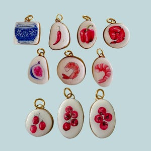 Mediterranean Handmade Clay Jewelry, Necklace , Bracelet Individual Charm. Shrimp, papers, fig, tomatoes