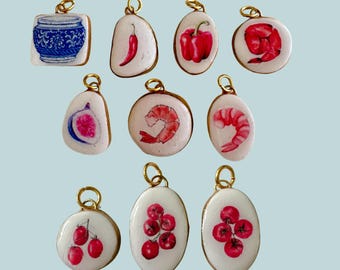 Mediterranean Handmade Clay Jewelry, Necklace , Bracelet Individual Charm. Shrimp, papers, fig, tomatoes