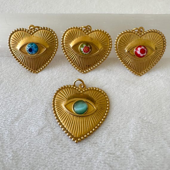 Raw Brass Heart Charm Pendant: Millefiori Cat Eye Cabochon