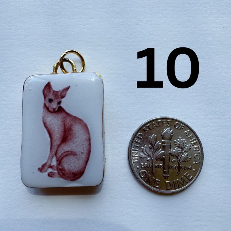 May include: A rectangular pendant with a gold-colored bail features a seated cat illustration in shades of red on a white background. A U.S. dime is next to the pendant for size comparison. The number "10" is printed in black.