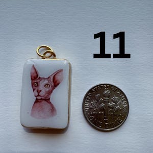 May include: A rectangular pendant with a gold-colored bail features a portrait of a hairless cat in shades of pink and red. The pendant is next to a United States dime coin and the number 11.