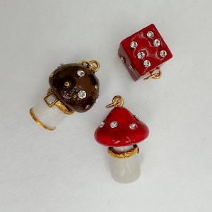 Wood Mushroom Dice Charm with Rhinestones Gold Gilded Pendant Handmade Statement Charm