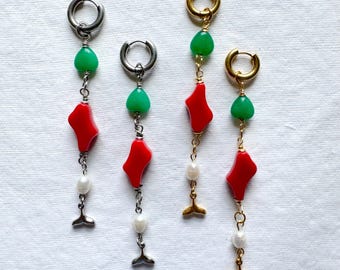 Abstract Fish Drop Earrings. Coastal Mermaid Earrings. Colorful Summer Hoop Earrings