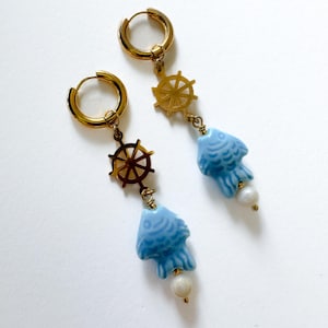 Tiny Blue Fish Earrings Nautical Coastal Hoops Playful Mediterranean Jewelry