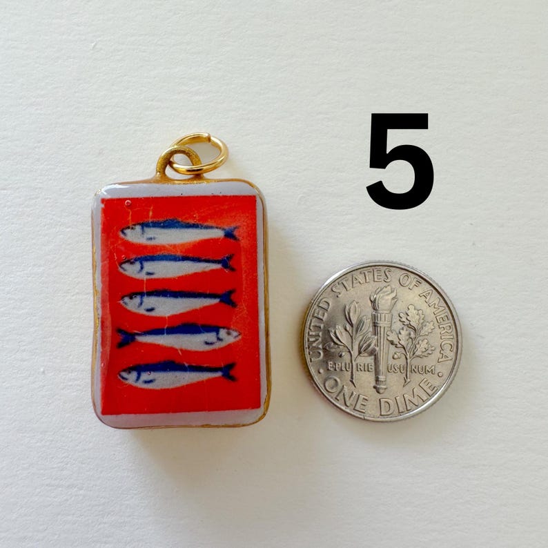 May include: A rectangular pendant featuring a graphic of five blue and white fish stacked vertically on a bright red background with a gold-toned border and jump ring, shown next to a United States dime for scale, labeled with the number 5.