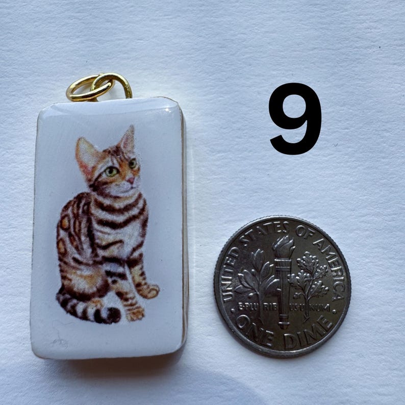 May include: A rectangular pendant with a gold-colored bail features a seated cat illustration with brown and black stripes on a white background. A dime is next to the pendant for size comparison.