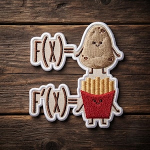 May include: An embroidered patch featuring two mathematical equations. The top shows F(x) equals a cartoon potato. The bottom shows F'(x) equals a cartoon container of french fries. Both characters have simple faces, thin limbs, and brown outlines.