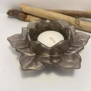 Pearly gray lotus flower tealight holder in epoxy resin