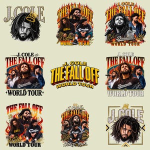 May include: A collection of nine graphic designs featuring J. Cole, the text The Fall Off World Tour, and Dreamville branding. The images include portraits of the artist with dreadlocks, concert scenes, and flame motifs in red, orange, yellow, and black.