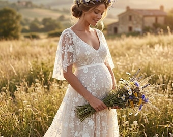 Boho-Umstandsbrautkleid, Brautkleid für Schwangere, Tüllkleid mit V-Ausschnitt, Brautkleid mit hoher Taille, Boho-Hochzeitskleid mit langen Ärmeln
