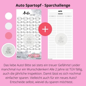Könnte beinhalten: Ein druckbarer Spar-Tracker für ein neues Auto. Der Tracker verfügt über ein Raster mit Auto-Symbolen, die Sie beim Sparen ausmalen können. Der Text auf der Seite lautet "Auto Spartopf - Sparchallenge".