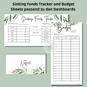 Könnte beinhalten: Druckbare Budget- und Sinking-Funds-Tracker-Blätter mit einem grünen Aquarell-Blumendesign. Die Blätter enthalten Abschnitte für monatliche Sparziele, Budgetkategorien, Daten, Beträge und eine Gesamtsumme.