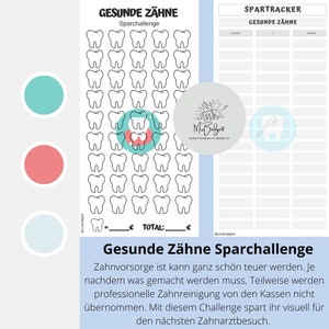 Könnte beinhalten: Ein druckbarer Chart mit einer Zahn-förmigen Spar-Challenge. Der Chart hat 50 Zähne zum Ausmalen, mit einem Gesamtsparbetrag am unteren Rand. Der Chart ist mit "Gesunde Zähne Sparchallenge" betitelt und enthält den Text "Zahnvorsorge ist kann ganz schön teuer werden. Je nachdem was gemacht werden muss. Teilweise werden professionelle Zahnreinigung von den Kassen nicht übernommen. Mit diesem Challenge spart ihr visuell für den nächsten Zahnarztbesuch."