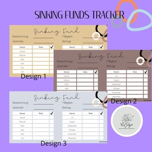 May include: Three printable sinking fund trackers with different designs. Each tracker has a table with columns for month, rate, and amount. The trackers are labeled "Design 1", "Design 2", and "Design 3".
