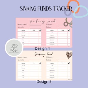 May include: Two pink and white printable sinking fund trackers with a checkmark, a line for the name of the fund, and a line for the amount. The first tracker has a circle design and the second tracker has a heart design. The text "Sinking Fund" is at the top of each tracker.