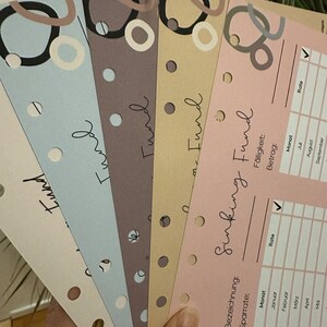 May include: Five colorful index cards with a circle design and the word "Fund" written on each card. The last card is pink and has a table with the title "Sinking Fund" and headings for "Bezeichnung", "Sparrate", "F&auml;lligkeit", "Betrag", "Monat", and "Rate".