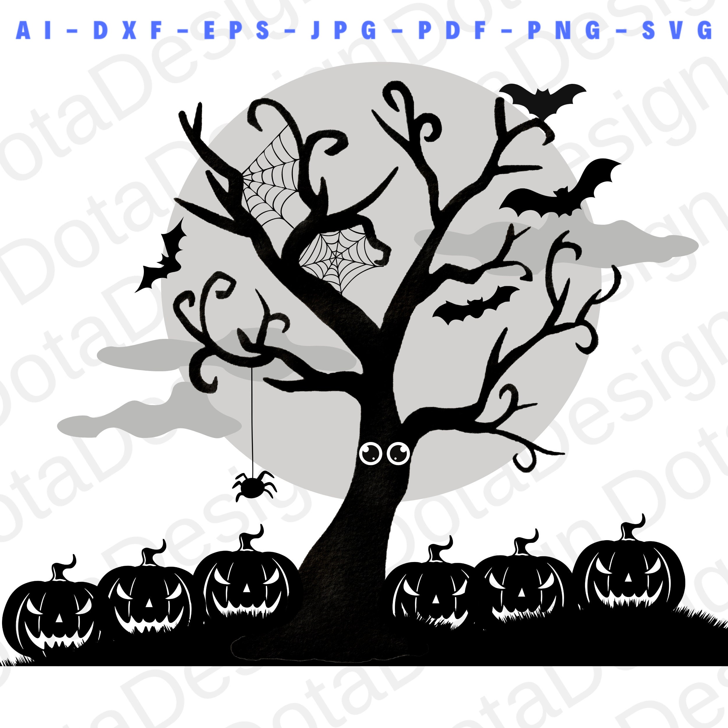 Halloween Scary Tree Svg, Spooky Tree, Spider Web With Bats, Dxf, Png