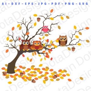 Herbstblätter und Eulen SVG, Eule auf Baum svg, Eule svg, Sofort Download, PNG, EPS, dxf, jpg, ai, digitaler Download