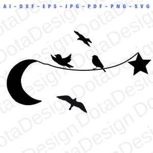 pássaros da lua e das estrelas, lua svg, pássaros svg, estrela png, download digital, arte digital