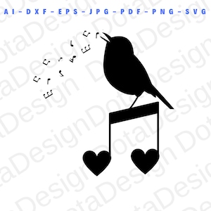 Singing Bird and Notes SVG, Notes de musique png, Téléchargement numérique, note de cœur, ai, eps, dxf, pdf