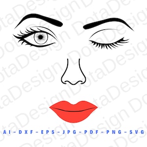 Cara de mujer svg, ojos guiñando el ojo SVG, ojo svg, lima cortada para cricut, pestañas largas, forma de ojos hermosos, cara silhoulette