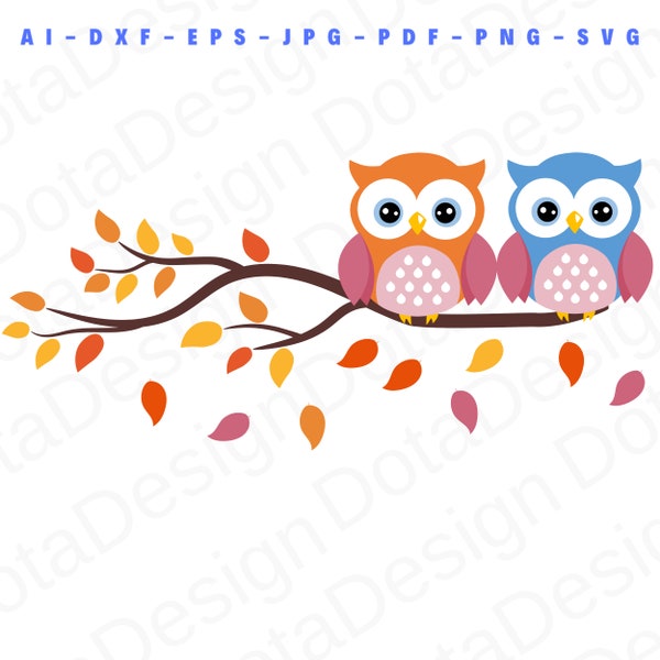 Owls on branch svg, Sweet owls png, Cut Files, Cricut Cut Files, Owls Clipart, Tree Branch, Fall leaves, Owl Family silhouette