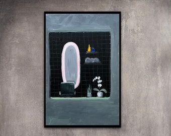 Black Beauty Salon in Prague Original Oil Painting on Canvas. Art for Home. Art for Beauty Salon. Mirror and Neon Painting. Dark Room Tiles.