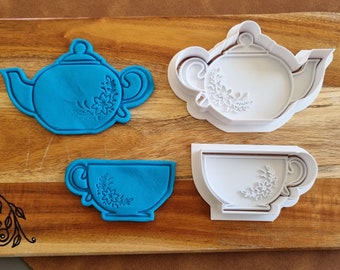 Tea Party Cookie Cutter and Embosser Stamp Set - Tea Pot, Tea Cup