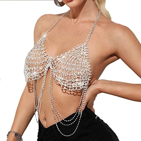 Boho Strass Engrener Chaîne de soutien-gorge Argent En couches Cristal Chaîne de poitrine Gland Bikini Bijoux de corps pour femme