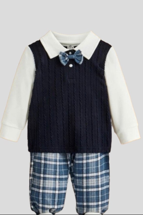 Baby boy Bow-front 2in tee plaid print trousers - Main Image