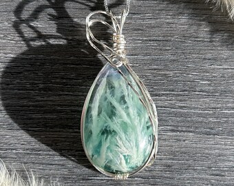 Rare Feather Fluorite Wire Wrapped Pendant Handmade Necklace | Feather Fluorite Pendant Snowflake Fluorite Necklace Gift for Her