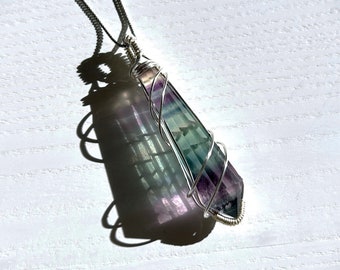 Natural Fluorite Wire Wrapped Pendant Necklace: Handmade Unisex Gift