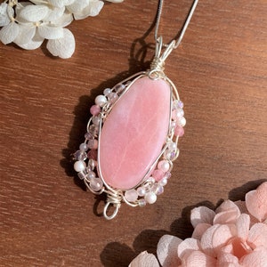 Rare Petalite Wire Wrapped with Pink Tourmaline & Clear Quartz Pendant Handmade Necklace | Petalite Pendant Petalite Necklace Gift for Her