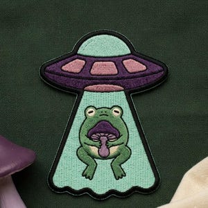 Custom Embroidered UFO Frog Patch, Iron On Sew On Hook and Loop Mushroom Toad Patch, Cute Alien Cottagecore Frog Lover Gift
