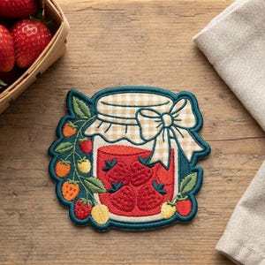 Custom Strawberry Jam Jar Embroidered Patch Iron On Sew On Hook and Loop Fruit