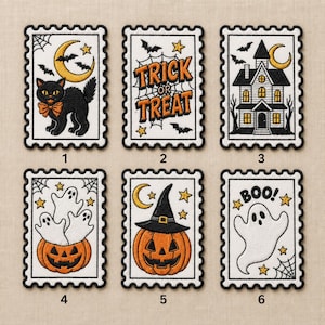 May include: Six rectangular embroidered patches with scalloped edges featuring Halloween themes: a black cat with a crescent moon, the text TRICK OR TREAT, a haunted house, three ghosts in a pumpkin, a jack-o'-lantern with a witch hat, and a ghost with the text BOO.