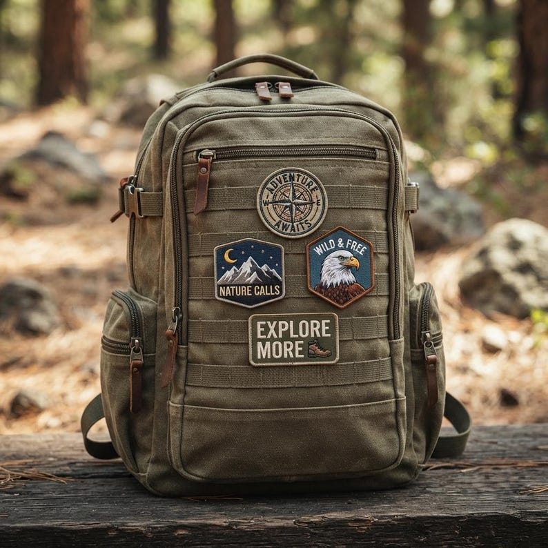 Pu&ograve; includere: Uno zaino in tela verde oliva con molteplici scomparti con cerniera, tiretti in pelle marrone e quattro toppe ricamate. Le toppe mostrano una bussola con il testo ADVENTURE AWAITS, montagne con NATURE CALLS, un'aquila con WILD & FREE e il testo EXPLORE MORE.