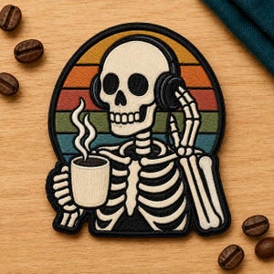Embroidered Skeleton Coffee Patch, Retro Music Skull Badge, Iron On, Sew On, Hook and Loop, Spooky Coffee Lover Gift, Jacket Bag Hat Decor