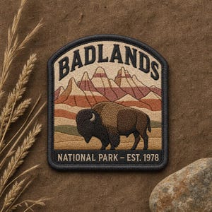 May include: An embroidered patch featuring a brown bison standing in front of layered tan, orange, and brown mountains. The text BADLANDS is arched at the top, and NATIONAL PARK - EST. 1978 is printed in a black border at the bottom of the patch.