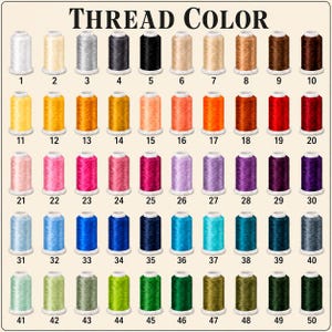 Pu&ograve; includere: Una tabella colori intitolata THREAD COLOR mostra cinquanta rocchetti di filo da ricamo numerati disposti in una griglia. I rocchetti presentano un ampio spettro di tonalit&agrave; tra cui bianco, grigio, nero, beige, marrone, giallo, arancione, rosso, rosa, viola, blu e verde.