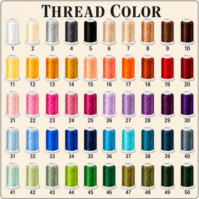 Pu&ograve; includere: Una tabella colori intitolata THREAD COLOR mostra cinquanta rocchetti di filo da ricamo numerati disposti in una griglia. I rocchetti presentano un ampio spettro di tonalit&agrave; tra cui bianco, grigio, nero, beige, marrone, giallo, arancione, rosso, rosa, viola, blu e verde.