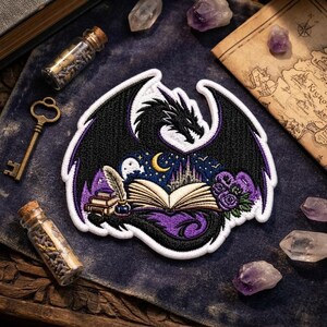Custom Embroidered Patch, Fantasy Dragon Book Iron On, Sew On, Hook and Loop Gothic Reader Patch, Book Lover Gift, Magical Patch