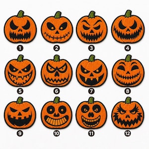 May include: A collection of twelve embroidered pumpkin patches, each featuring a unique jack-o'-lantern face in orange and black thread. The patches are arranged in a grid, numbered one through twelve, with green stems and black borders.