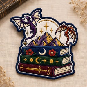Embroidered Dragon Book Stack Patch, Fantasy Reader Patch, Iron On Sew On Hook and Loop Patch, Mountain Book Lover Gift