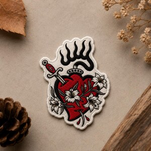 Custom Embroidered Anatomical Heart Patch, Iron On Sew On Hook and Loop Floral Heart Dagger Patch, Gothic Tattoo Style Patch